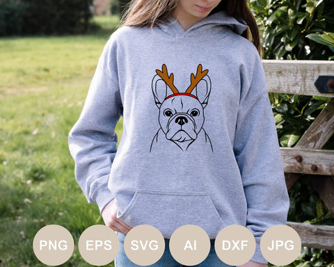 Christmas French Bulldog Svg file, Dog Cut file, Antlers, Animal Svg, Pet Face, Holiday Svg Designs, Kids Svg Shirts, Christmas Sign, Png SVG BogeliaVector 