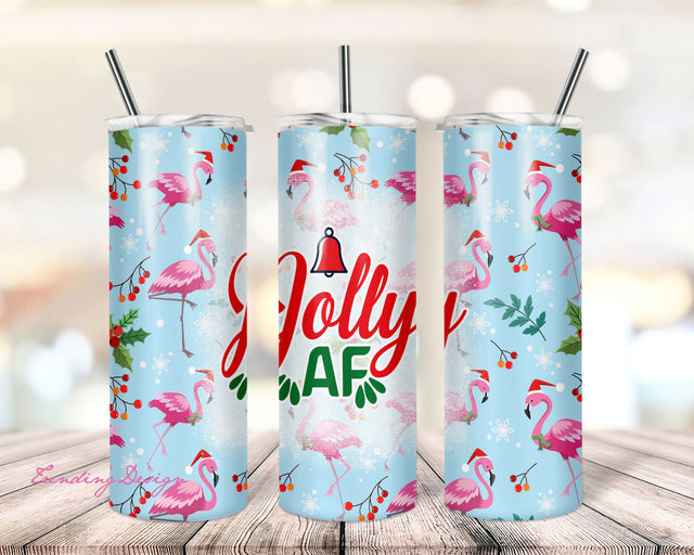 Christmas Funny Quote Jolly AF Pink Flamingo Tumbler Wrap PNG Seamless Sublimation Designs Downloads - Skinny 20oz Sublimation TrendingDesign 