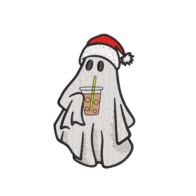 Christmas Ghost Embroidery Design, Ghost with Iced Coffee Machine Embroidery Design, 4 sizes Embroidery/Applique DESIGNS Nino Nadaraia 