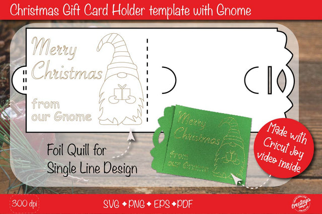 Christmas gift card holder template SVG, Christmas Gnome Foil quill design, Single line design SVG Createya Design 