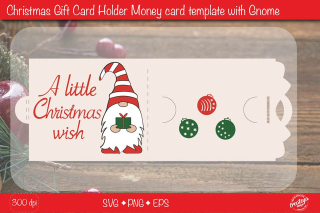 Christmas gift card holder template SVG, Christmas Wish Gnome money card holder design SVG Createya Design 