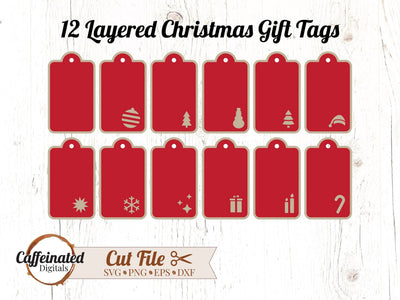 Christmas Gift Tags - Set of 12 Layered Designs SVG Caffeinated SVGs 