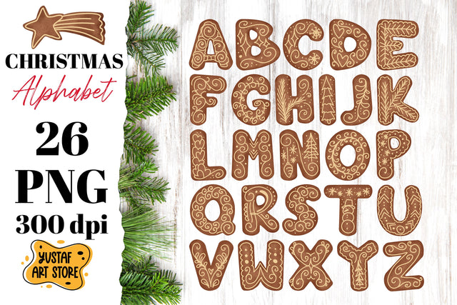 Christmas Gingerbread alphabet clipart. 26 PNG Sublimation Yustaf Art Store 