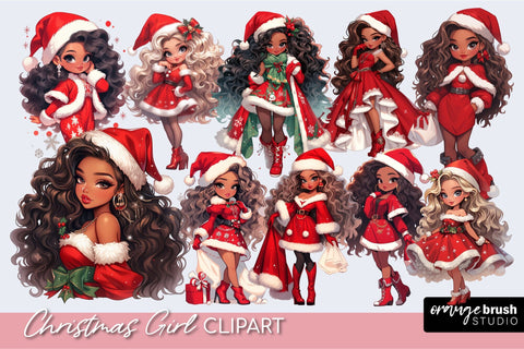 Christmas Girl Clipart Bundle, Chibi Girl PNG Sublimation Sublimation OrangeBrushStudio 