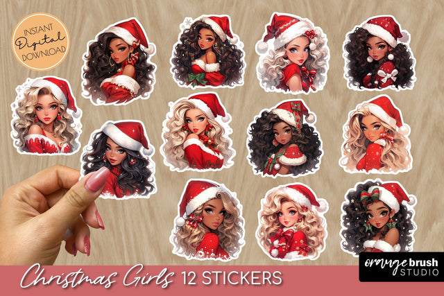 Christmas Girl Stickers, Printable Sticker Sheet Sublimation OrangeBrushStudio 