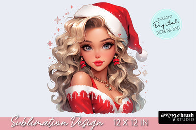 Christmas Girl Sublimation Design, Fashion Girl in Santa Hat Sublimation OrangeBrushStudio 