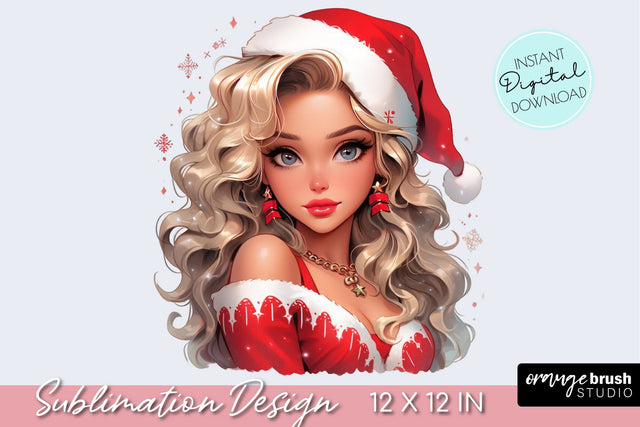 Christmas Girl Sublimation Design, Fashion Girl in Santa Hat Sublimation OrangeBrushStudio 