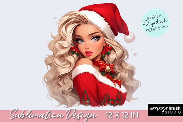 Christmas Girl Sublimation Design, Girl in Santa Hat Sublimation OrangeBrushStudio 