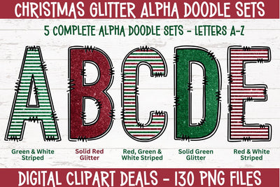 Christmas Glitter Doodle Alphabet Sets BIG Bundle - 5 Christmas Doodle Alphabet Sets in PNG Format Sublimation Digital Clipart Deals 