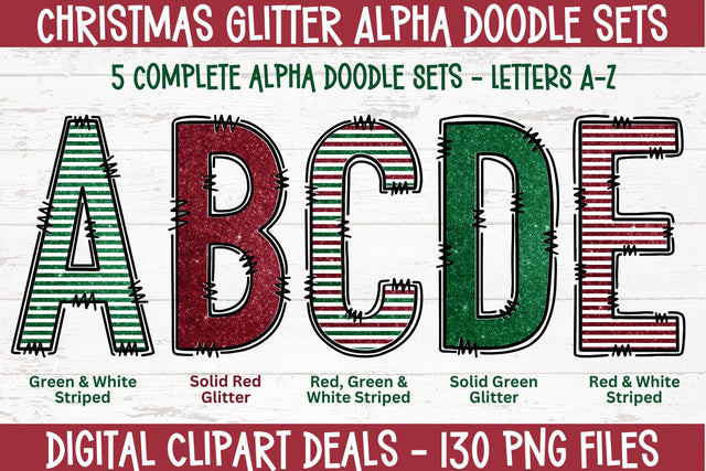 Christmas Glitter Doodle Alphabet Sets BIG Bundle - 5 Christmas Doodle Alphabet Sets in PNG Format Sublimation Digital Clipart Deals 