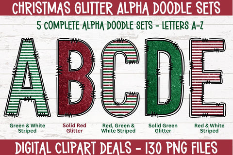 Christmas Glitter Doodle Alphabet Sets BIG Bundle - 5 Christmas Doodle Alphabet Sets in PNG Format Sublimation Digital Clipart Deals 