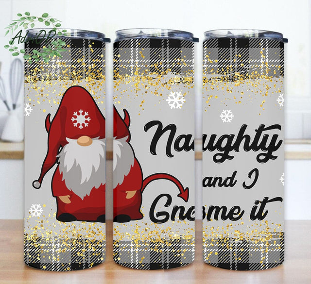 Christmas Gnome 20oz Skinny Tumbler, Naughty and I Gnome It Tumbler Png, Gnome Design Png, Christmas Plaid Glitter Tumbler Wrap, Funny Christmas Sublimation Design, Digital Download Sublimation AdriOP 