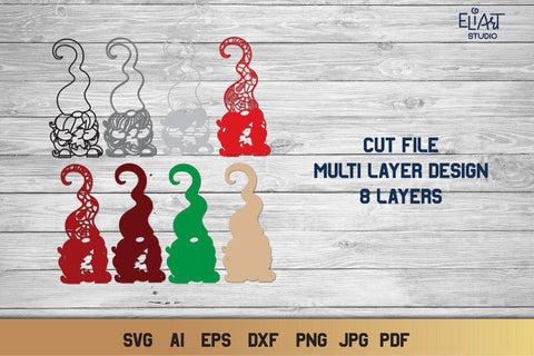 Christmas Gnome SVG, 3D Layered Gnome SVG, 8 Layers. 3D Paper Elinorka 