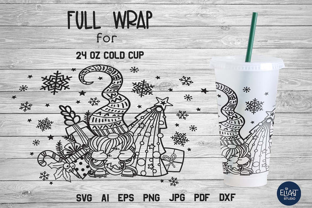 Christmas Gnome SVG Cup Wrap, Full Cup Wrap SVG no Hole, 24 OZ Cold Cup Wrap. SVG Elinorka 
