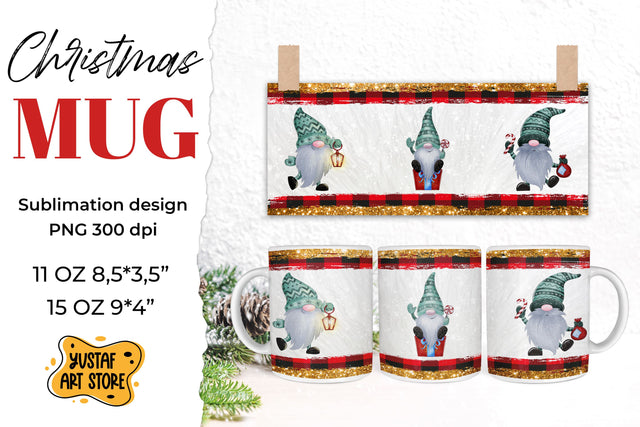 Christmas gnomes mug sublimation buffalo plaid & glitter Sublimation Yustaf Art Store 