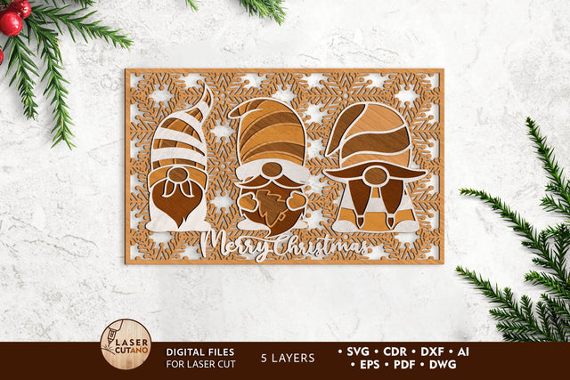 Christmas Gnomes, Multilayer Wood Cut and Paper Cut Template SVG LaserCutano 