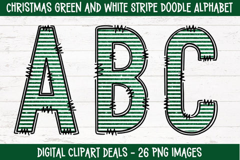 Christmas Green and White Stripe Doodle Alphabet Sublimation Digital Clipart Deals 