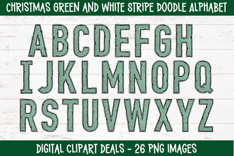 Christmas Green and White Stripe Doodle Alphabet Sublimation Digital Clipart Deals 