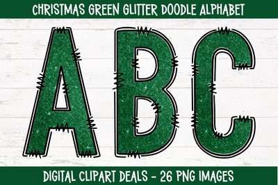 Christmas Green Glitter Doodle Alphabet Sublimation Digital Clipart Deals 