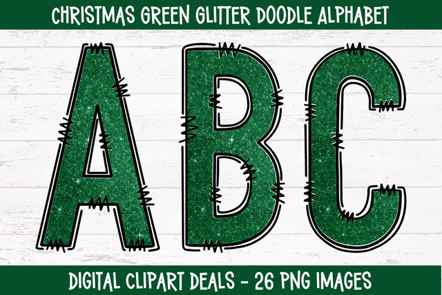 Christmas Green Glitter Doodle Alphabet Sublimation Digital Clipart Deals 