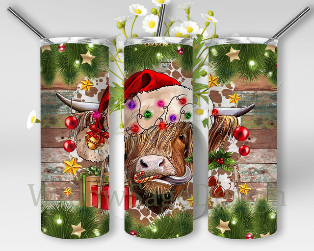 Christmas Highland Cow 20oz Skinny Tumbler, Christmas Western Tumbler Png, Santa Cow Tumbler Design, Christmas Sublimation Design, Instant Download Sublimation WillowSageDesign 