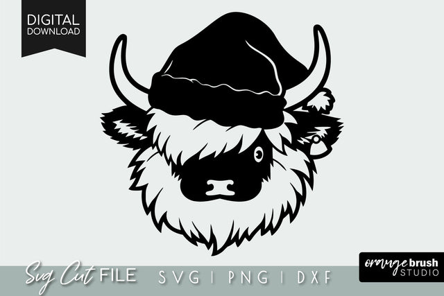 Christmas Highland Cow Face in Santa Hat SVG File SVG OrangeBrushStudio 