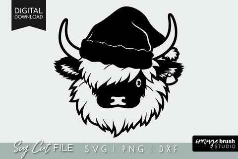 Christmas Highland Cow Face in Santa Hat SVG File SVG OrangeBrushStudio 