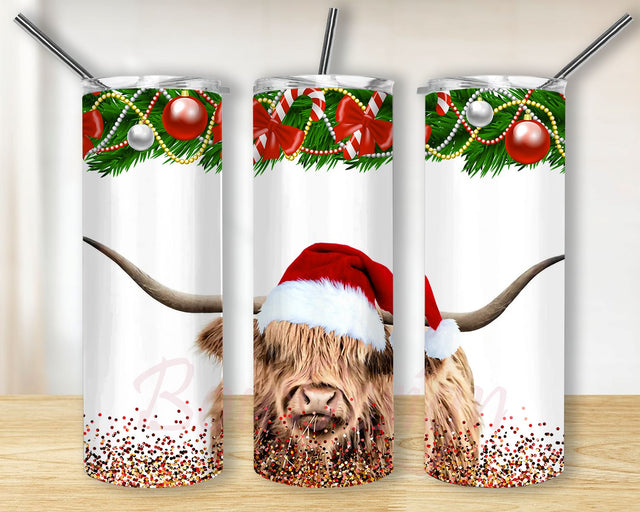 Christmas Highland Cow Santa Hat Tumbler Wrap for Straight Tapered Tumbler PNG File Digital Download, Highland Cow Santa Hat 20oz Skinny Tumbler Sublimation Designs Sublimation BouDesign 