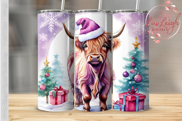Christmas Highland Cow Tumbler wrap PNG Sublimation Luvleigh Digitals 