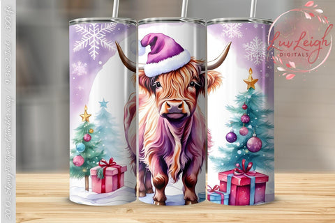 Christmas Highland Cow Tumbler wrap PNG Sublimation Luvleigh Digitals 