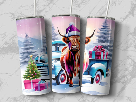 Christmas Highland Cow with Truck Tumbler wrap PNG Sublimation Luvleigh Digitals 