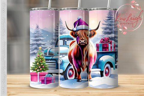 Christmas Highland Cow with Truck Tumbler wrap PNG Sublimation Luvleigh Digitals 