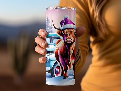 Christmas Highland Cow with Truck Tumbler wrap PNG Sublimation Luvleigh Digitals 