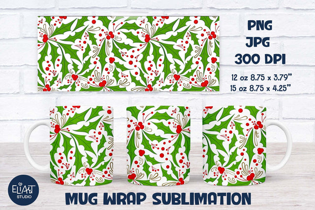 Christmas Holly Mug Wrap Sublimation, Holly Berry Mug Wrap Sublimation. Sublimation Elinorka 