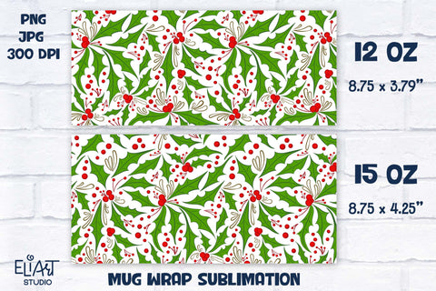 Christmas Holly Mug Wrap Sublimation, Holly Berry Mug Wrap Sublimation. Sublimation Elinorka 