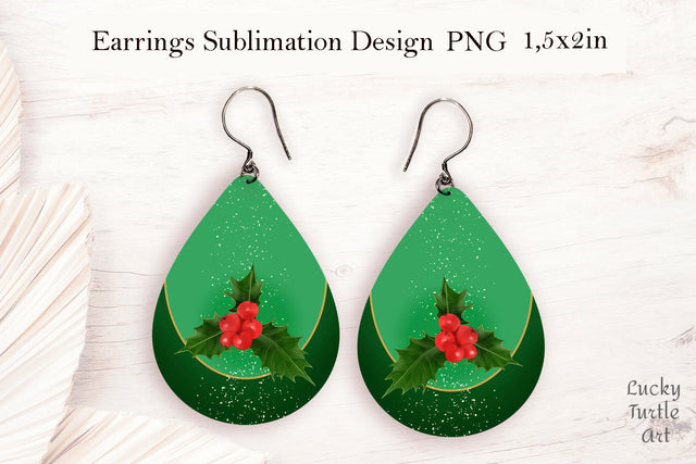 Christmas holly teardrop earrings sublimation design Sublimation LuckyTurtleArt 