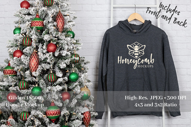 Christmas Hoodie Mockup, Gildan 18500 Dark Heather Hoodie Mockup, Front and Back Mockup Mock Up Photo Honeycomb Mockups 