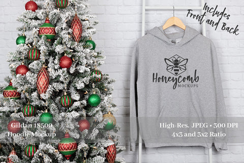 Christmas Hoodie Mockup, Gildan 18500 Grey Mockup, Front and Back Mockup Mock Up Photo Honeycomb Mockups 