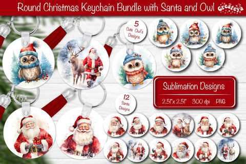 Christmas Keychain Bundle Keychain PNG Sublimation Bundle Christmas Santa and Owl PNG Sublimation Createya Design 