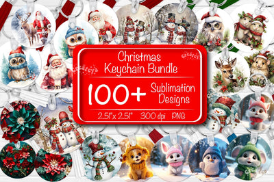 Christmas Keychain Bundle Keychain PNG Sublimation Bundle Santa Owl Snowman Baby Animal Watercolor Sublimation Createya Design 