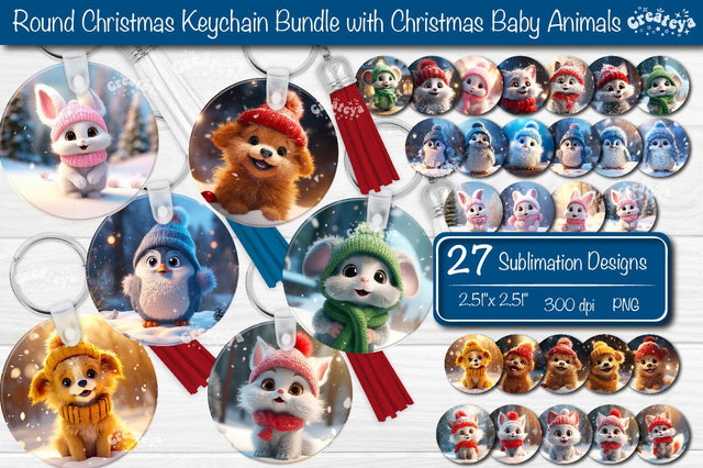 Christmas Keychain Sublimation Bundle Keychain round PNG Christmas Baby Animals prints Sublimation Createya Design 