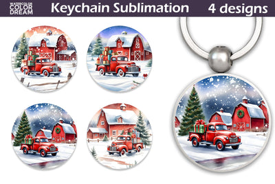 Christmas Keychain Sublimation PNG | Vintage Red Truck Keyring Sublimation WatercolorColorDream 