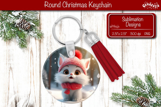 Christmas Keychain Sublimation round Christmas Baby Animals prints Cat PNG Sublimation Createya Design 