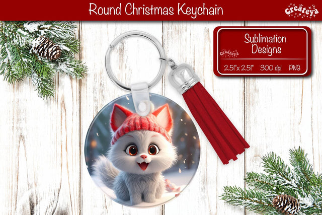 Christmas Keychain Sublimation round Christmas Baby Animals prints Cute cat PNG Sublimation Createya Design 