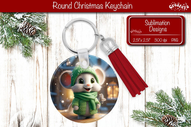 Christmas Keychain Sublimation round Christmas Baby Animals prints Mouse PNG Sublimation Createya Design 