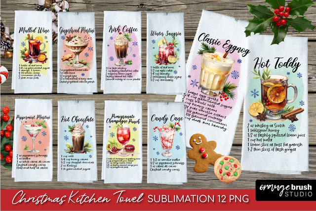 Christmas Kitchen Towel Sublimation Bundle, Cocktail Recipe Sublimation OrangeBrushStudio 