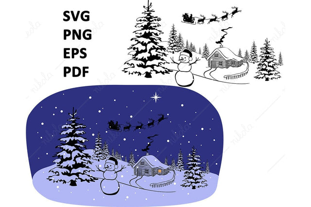 Christmas Landscape Winter Cabin Snowman Santa Sleigh SVG EPS PNG PDF SVG nikola 