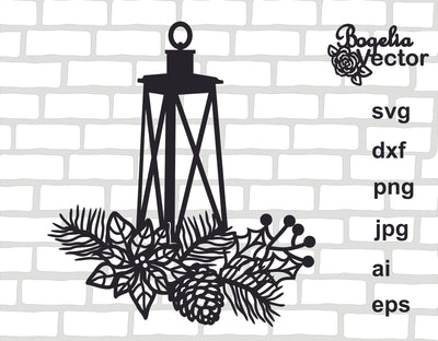 Christmas Lantern Svg file, Christmas Cut file, Pinecone Svg, Fir Tree Branch, Floral Lantern, Flower, Holiday, Candle Lamp, Winter Clip art SVG BogeliaVector 