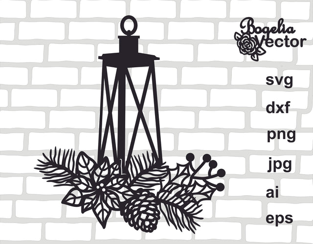 Christmas Lantern Svg file, Christmas Cut file, Pinecone Svg, Fir Tree Branch, Floral Lantern, Flower, Holiday, Candle Lamp, Winter Clip art SVG BogeliaVector 