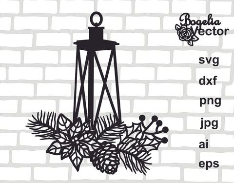 Christmas Lantern Svg file, Christmas Cut file, Pinecone Svg, Fir Tree Branch, Floral Lantern, Flower, Holiday, Candle Lamp, Winter Clip art SVG BogeliaVector 